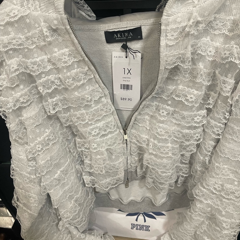 AKIRA Talk To Me Nice White Lace Ruffle Hooded Zip Up Jacket